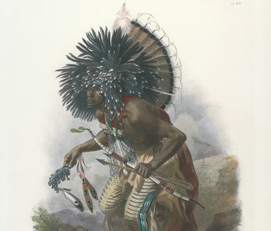 Travels into the Interior of North America - Tableau 23 - Karl Bodmer - Pehriska-Ruhpa. Moennitarri warrior in the Costume of the Dog Dance (color) - Native American Heritage